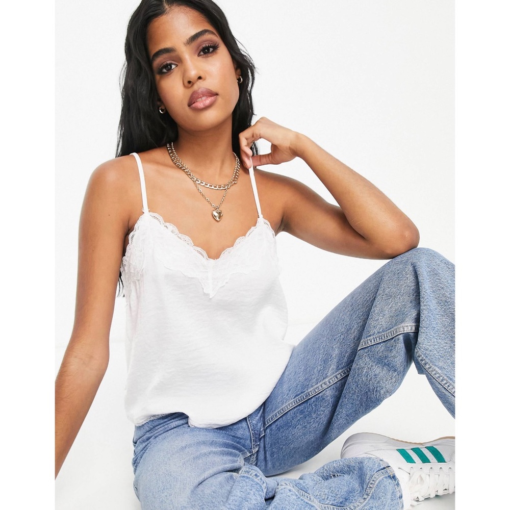Stradivarius Lace Detail Satin Cami in white size L